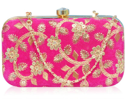 Trendy Velvet Party Wear Bridal Box Clutch With Metal Sling Chain