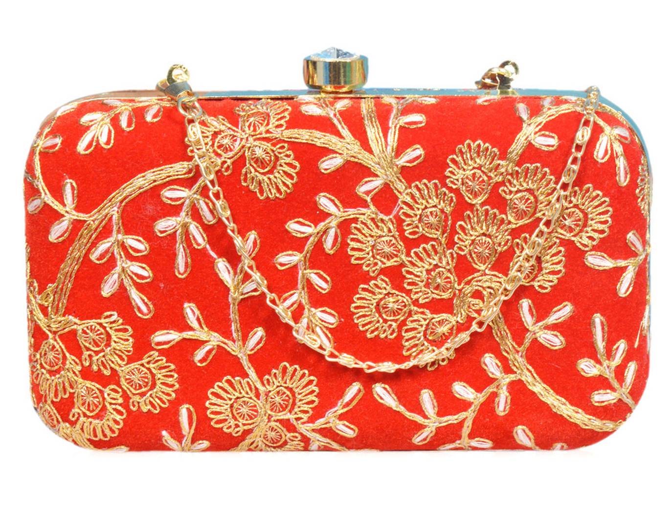 Trendy Velvet Party Wear Bridal Box Clutch With Metal Sling Chain