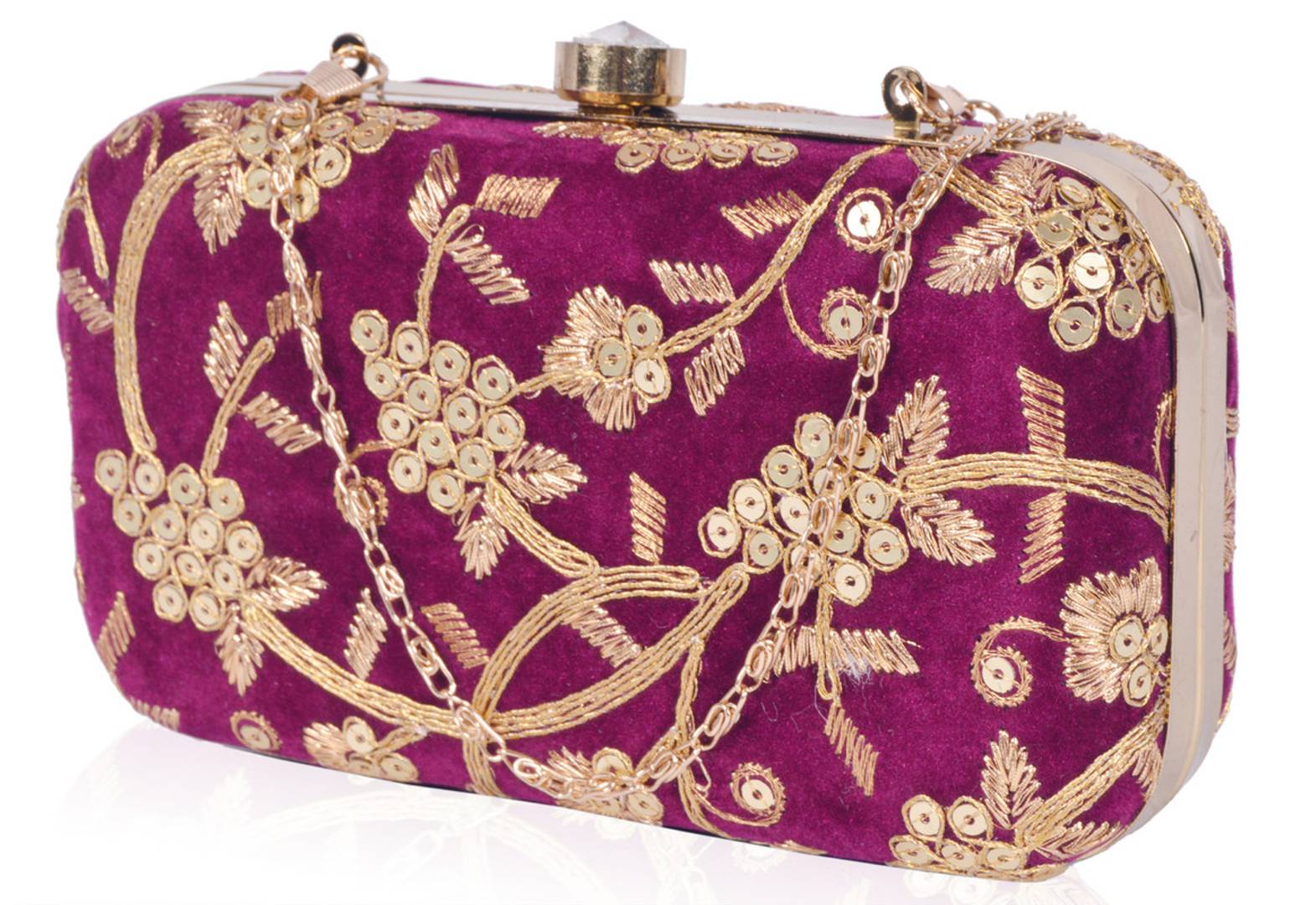 Trendy Velvet Party Wear Bridal Box Clutch With Metal Sling Chain