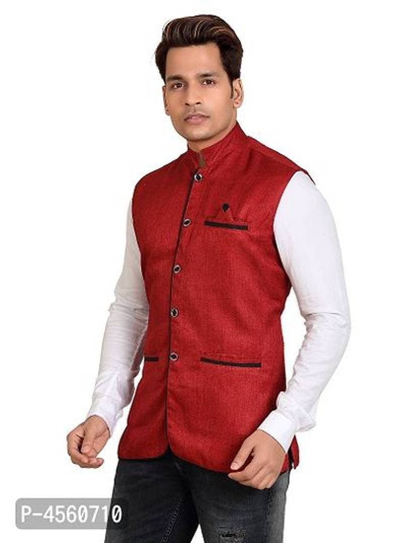 Men Blended Bandhgala Festive Nehru Jacket Waistcoat Maroon