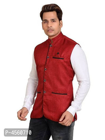 Men Blended Bandhgala Festive Nehru Jacket Waistcoat Maroon