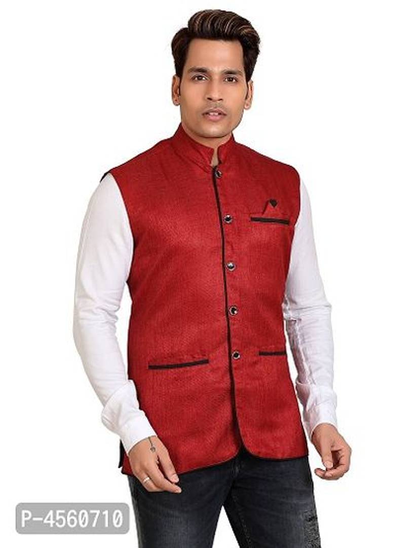 Men Blended Bandhgala Festive Nehru Jacket Waistcoat Maroon