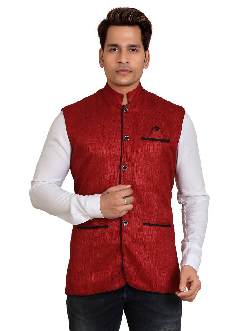 Men Blended Bandhgala Festive Nehru Jacket Waistcoat Maroon
