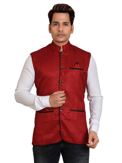 Men Blended Bandhgala Festive Nehru Jacket Waistcoat Maroon