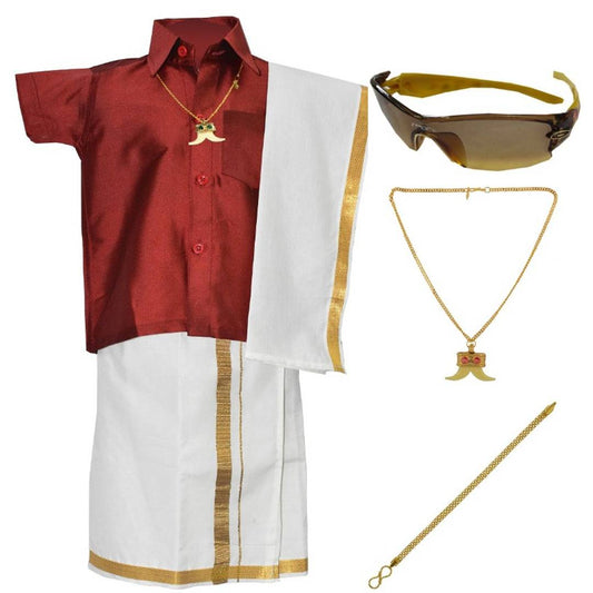 Chella Mapillai Boy's Maroon Silk Blend Shirt and Dhoti