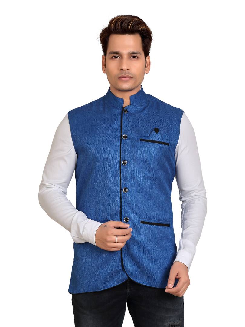 Stylish Jute Cotton Nehru Jacket/Waistcoat For Men- Blue