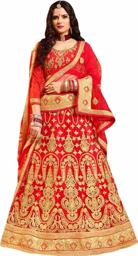 Red Embroidered Semi Stitched Lehenga Choli With Dupatta