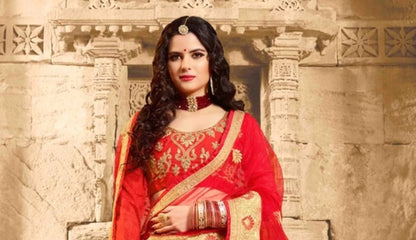 Red Embroidered Semi Stitched Lehenga Choli With Dupatta