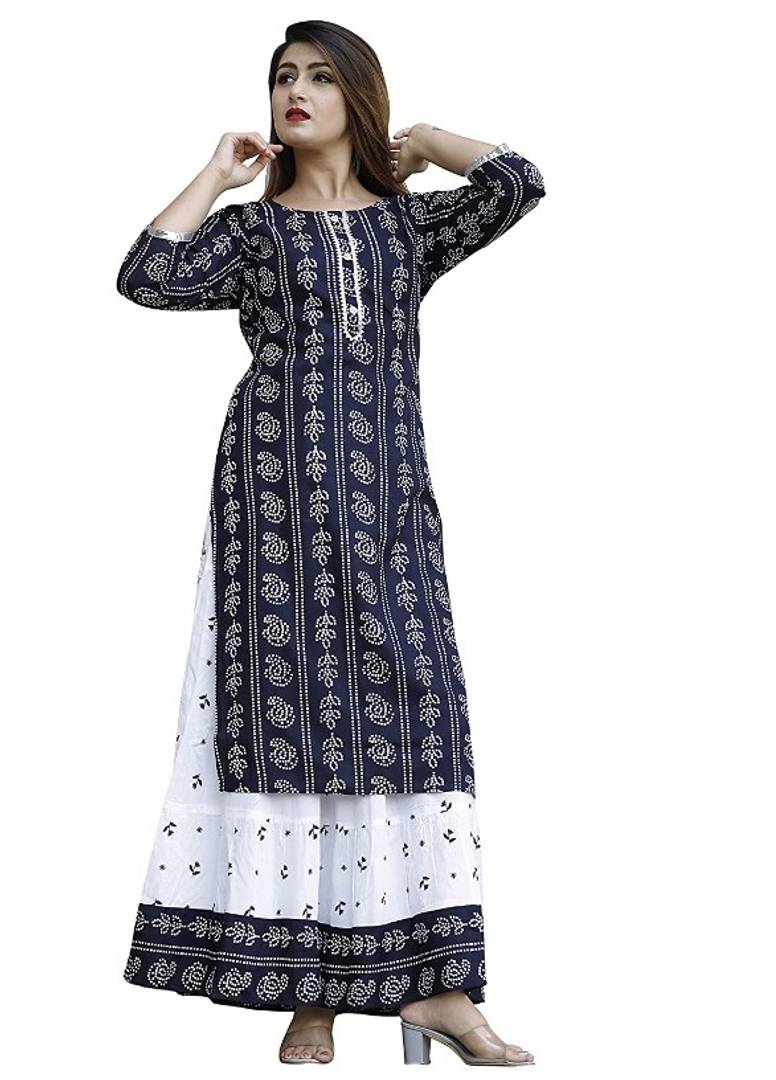 Stylish Rayon Bandhej Printed Kurta With Skirt Set