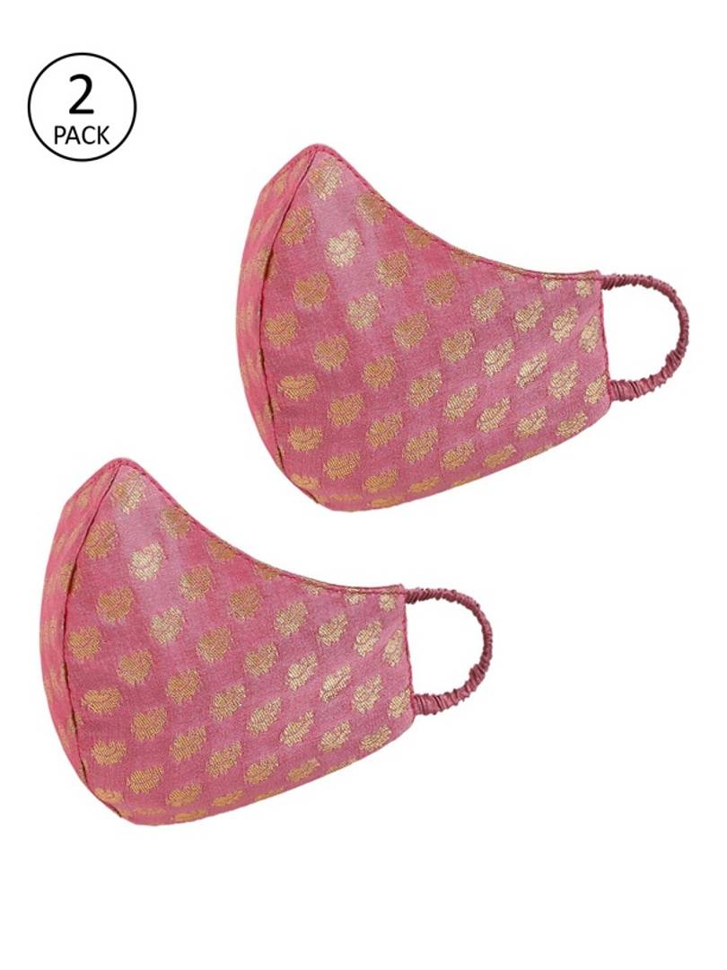 Women 2 Pcs Purple Reusable 3-Ply Pure Chanderi Banarasi Protective Outdoor Masks