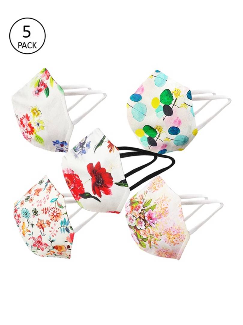Women Printed Pack of 5 Reusable 2-Ply Cotton Cloth Masks