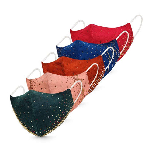 Diamond Stone Fashion Mask for Ladies. Light Weight, Breathable & Skin Friendly. Hand Washable & Reusable Fabric. 3 Layer of Protection with Super Soft Spandex Ear Loops. (Pack of 5Pcs).