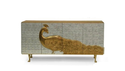 Phoenix Cabinet. Golden Carved Peacock Sideboard / 48cm W 75cm High. 162cm Length