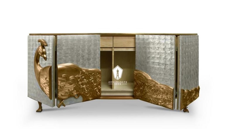 Phoenix Cabinet. Golden Carved Peacock Sideboard / 48cm W 75cm High. 162cm Length