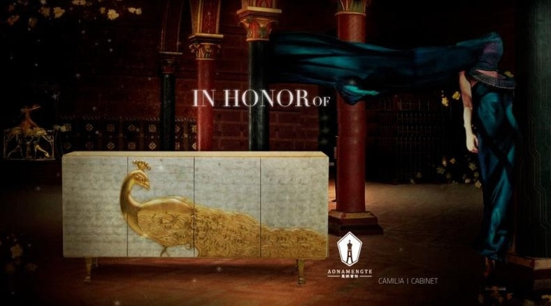 Phoenix Cabinet. Golden Carved Peacock Sideboard / 48cm W 75cm High. 162cm Length