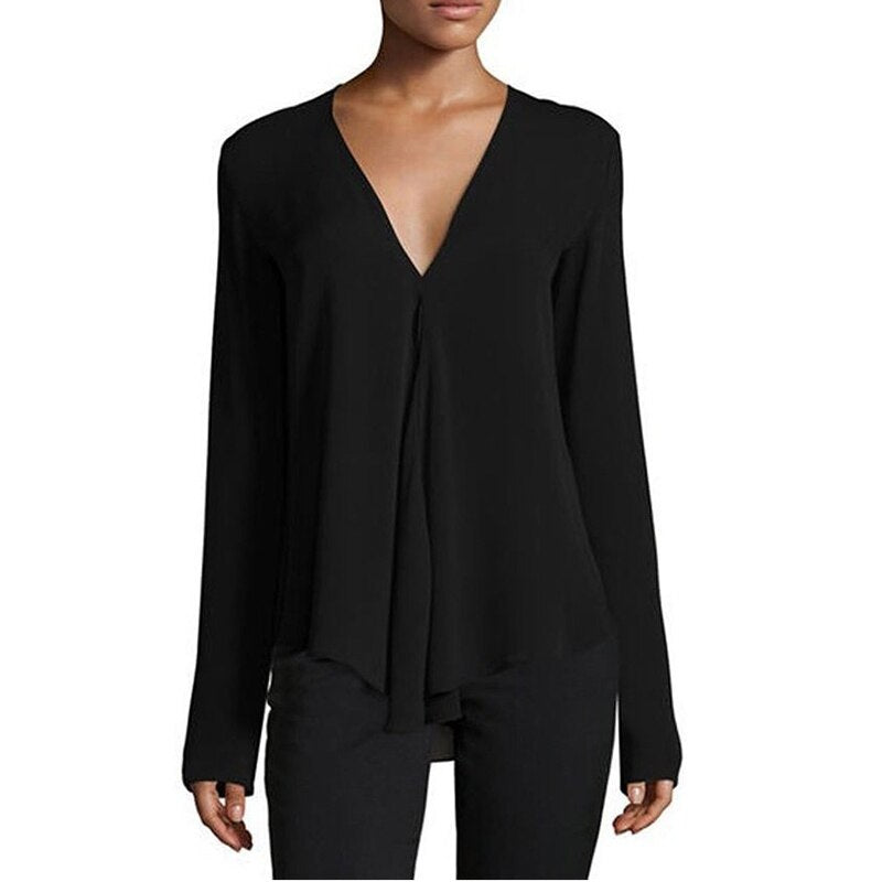 Korean Style Long Sleeve Chiffon Blouse Sexy V-neck Women Shirt Top Blouses Casual Solid Office Shirt Lady Blouse Shirt 17 Colors