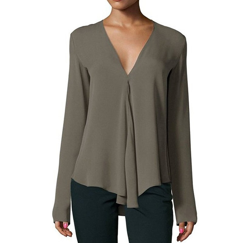 Korean Style Long Sleeve Chiffon Blouse Sexy V-neck Women Shirt Top Blouses Casual Solid Office Shirt Lady Blouse Shirt 17 Colors