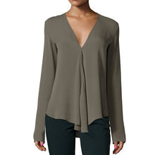 Load image into Gallery viewer, Korean Style Long Sleeve Chiffon Blouse Sexy V-neck Women Shirt Top Blouses Casual Solid Office Shirt Lady Blouse Shirt 17 Colors
