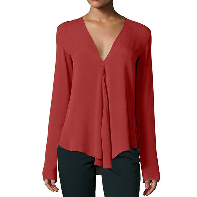 Korean Style Long Sleeve Chiffon Blouse Sexy V-neck Women Shirt Top Blouses Casual Solid Office Shirt Lady Blouse Shirt 17 Colors