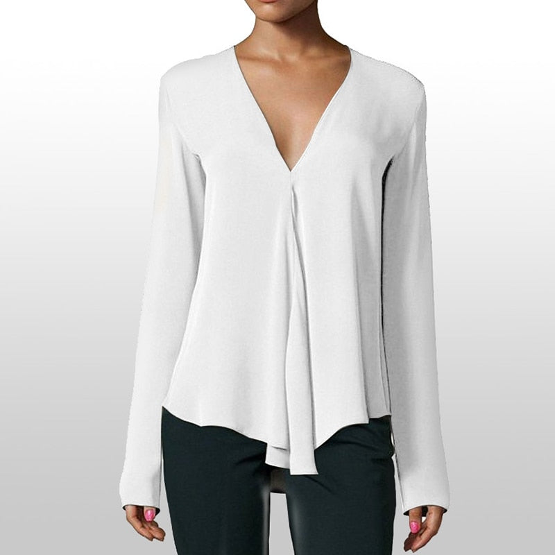 Korean Style Long Sleeve Chiffon Blouse Sexy V-neck Women Shirt Top Blouses Casual Solid Office Shirt Lady Blouse Shirt 17 Colors