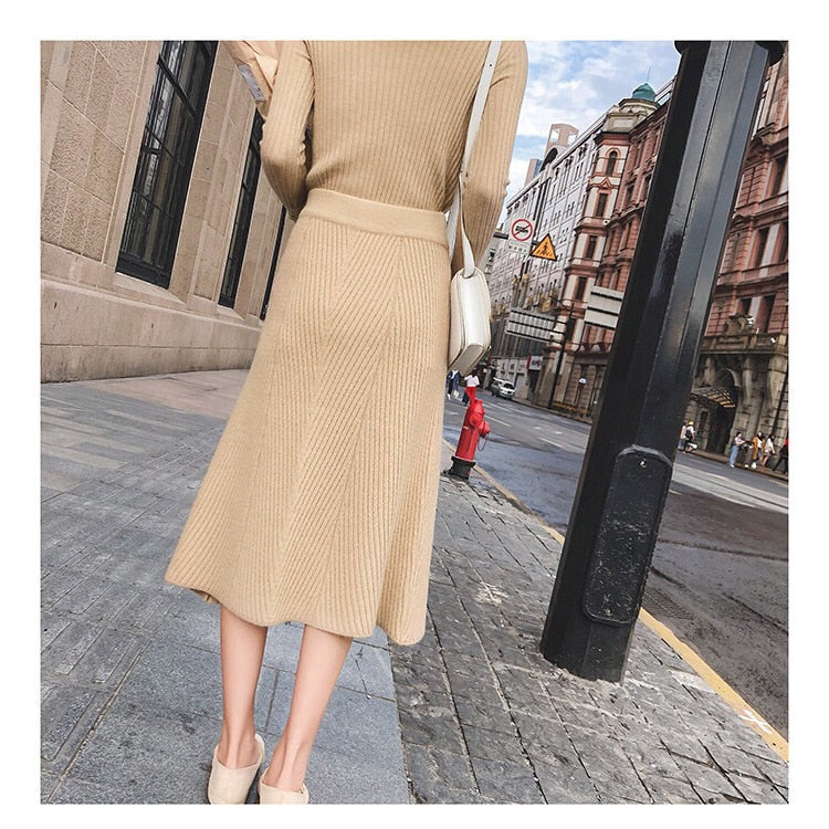 2019 High Waist Women Knitted A Line Long Skirts Vintage Autumn Winter Thick Women Midi Skirt Faldas Jupe Femme Saia