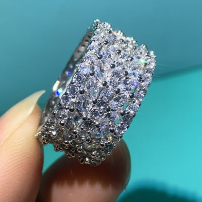 Sparkling Luxury Jewelry 925 Sterling Silver Marquise Cut White Clear 5A Cubic Zirconia Women Wedding Band Ring