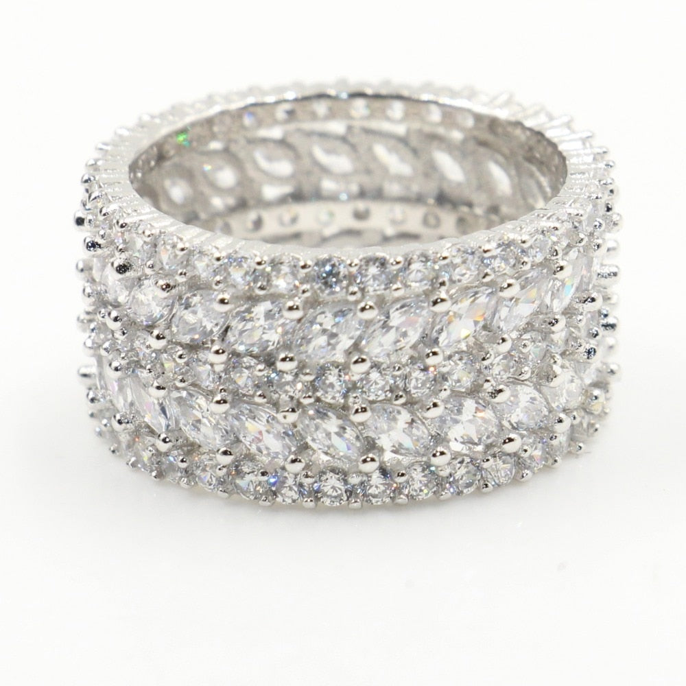 Sparkling Luxury Jewelry 925 Sterling Silver Marquise Cut White Clear 5A Cubic Zirconia Women Wedding Band Ring