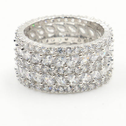 Sparkling Luxury Jewelry 925 Sterling Silver Marquise Cut White Clear 5A Cubic Zirconia Women Wedding Band Ring