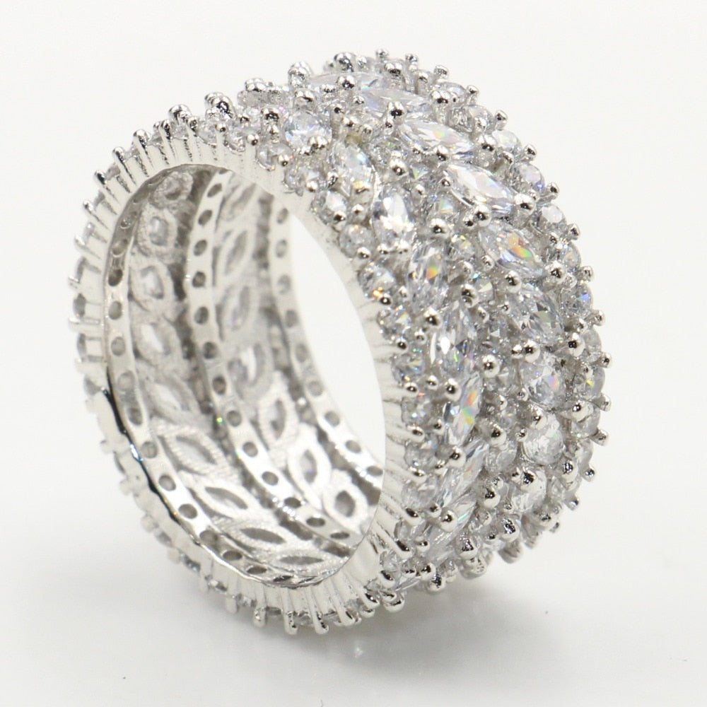 Sparkling Luxury Jewelry 925 Sterling Silver Marquise Cut White Clear 5A Cubic Zirconia Women Wedding Band Ring