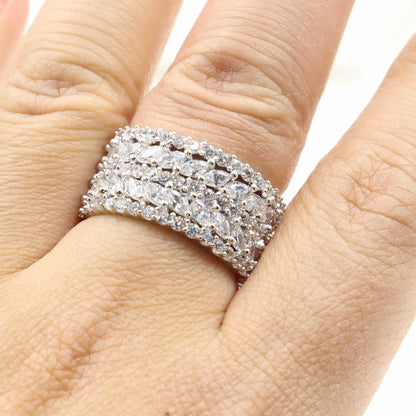 Sparkling Luxury Jewelry 925 Sterling Silver Marquise Cut White Clear 5A Cubic Zirconia Women Wedding Band Ring