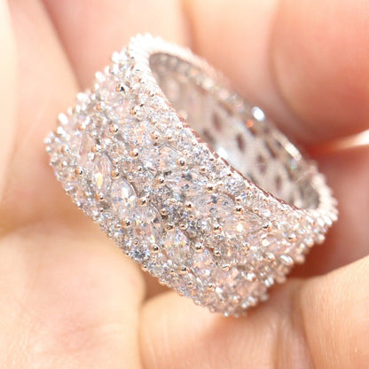 Sparkling Luxury Jewelry 925 Sterling Silver Marquise Cut White Clear 5A Cubic Zirconia Women Wedding Band Ring