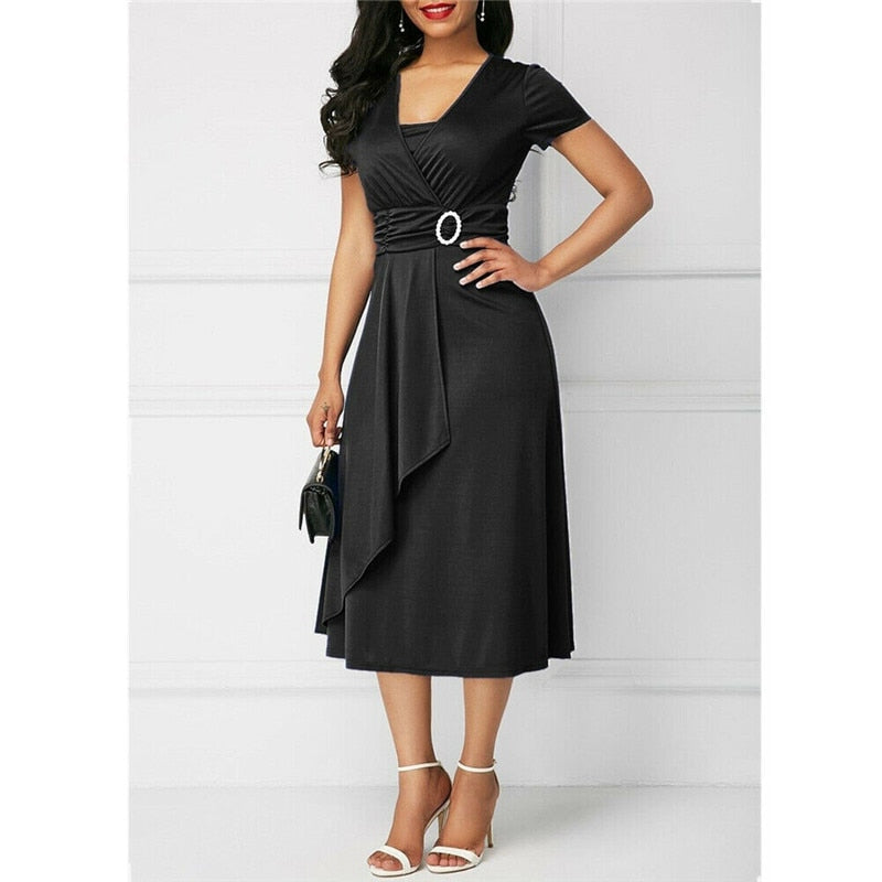 Women's V Cross Neck Midi Party Dress Summer Elastic Sashes Solid Dress Loose Short Sleeve Vestidos Plus Size 5XL