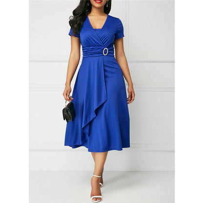 Women's V Cross Neck Midi Party Dress Summer Elastic Sashes Solid Dress Loose Short Sleeve Vestidos Plus Size 5XL