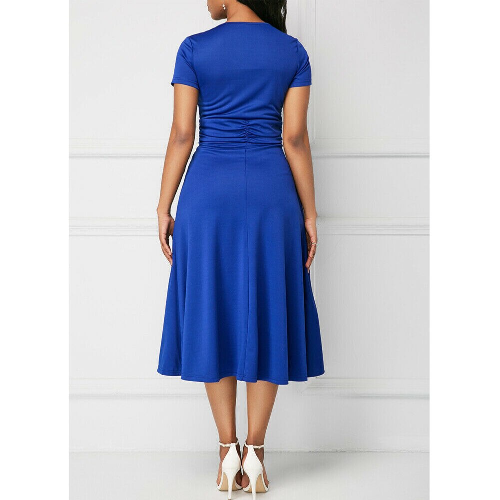 Women's V Cross Neck Midi Party Dress Summer Elastic Sashes Solid Dress Loose Short Sleeve Vestidos Plus Size 5XL