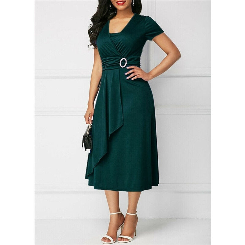 Women's V Cross Neck Midi Party Dress Summer Elastic Sashes Solid Dress Loose Short Sleeve Vestidos Plus Size 5XL