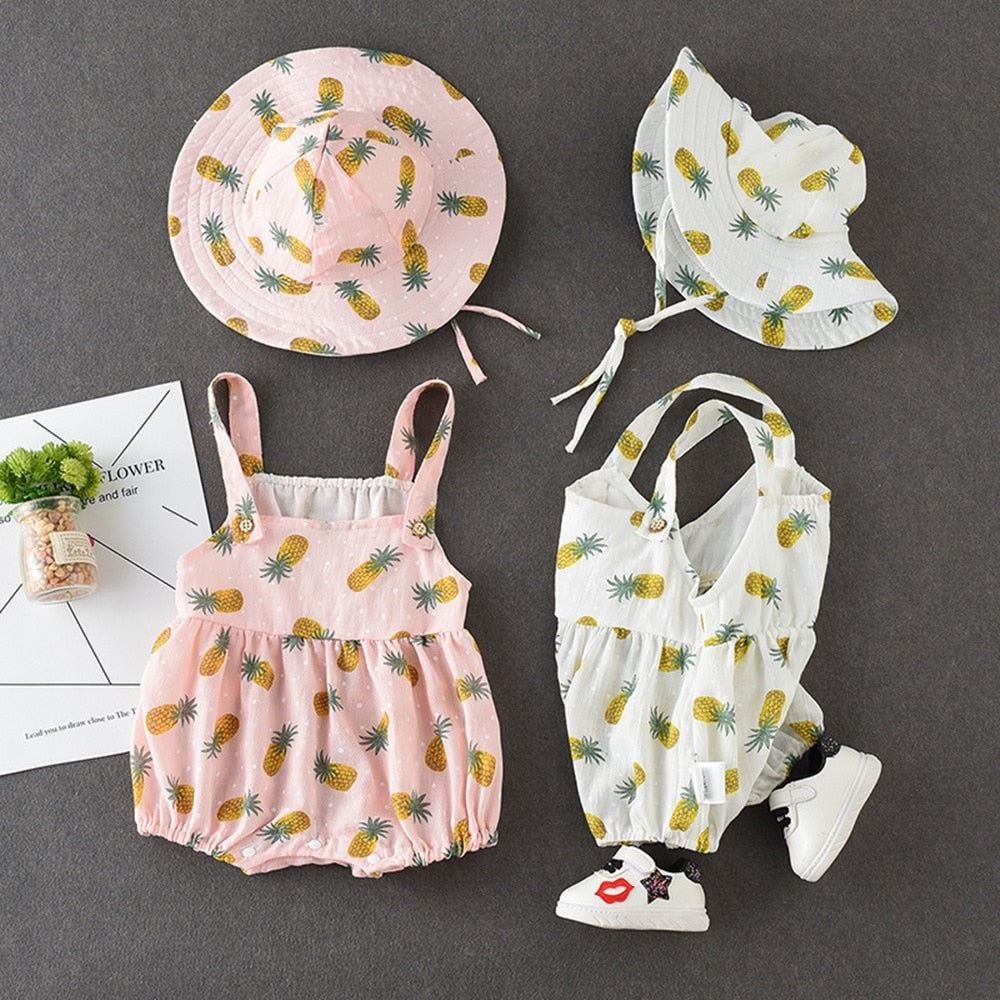 2019 NEW 2 PCS Baby Girls Clothes Summer Sunsuit Floral Print Princess Rompers+Sun Hat Brief Set Infant Outfit Jumpsuit Clothes