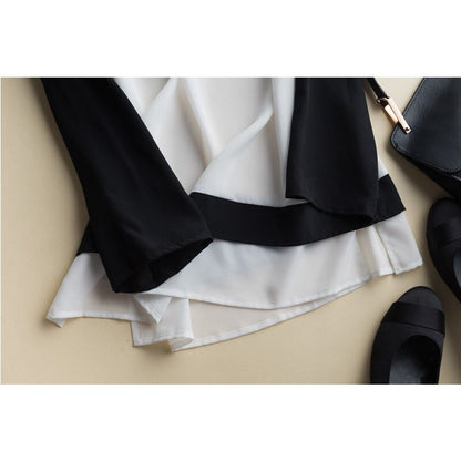 2019 Spring Nature Silk Long Sleeves Black and White Splicing T-shirt bottoming shirt Round neckline Women's Loose Jacket Top