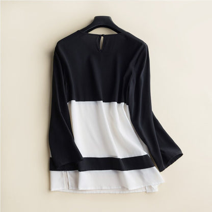 2019 Spring Nature Silk Long Sleeves Black and White Splicing T-shirt bottoming shirt Round neckline Women's Loose Jacket Top