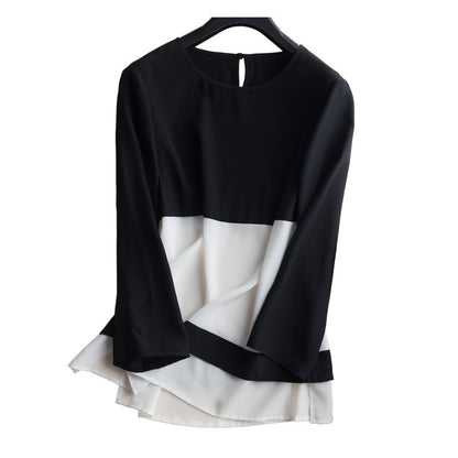 2019 Spring Nature Silk Long Sleeves Black and White Splicing T-shirt bottoming shirt Round neckline Women's Loose Jacket Top