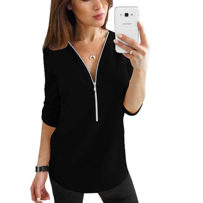 2019 Summer V Neck Zipper Roll Up Long Sleeves Loose Shirt Women Spring Summer Chiffon Blouse Top Blusa Feminina Plus Size 5XL