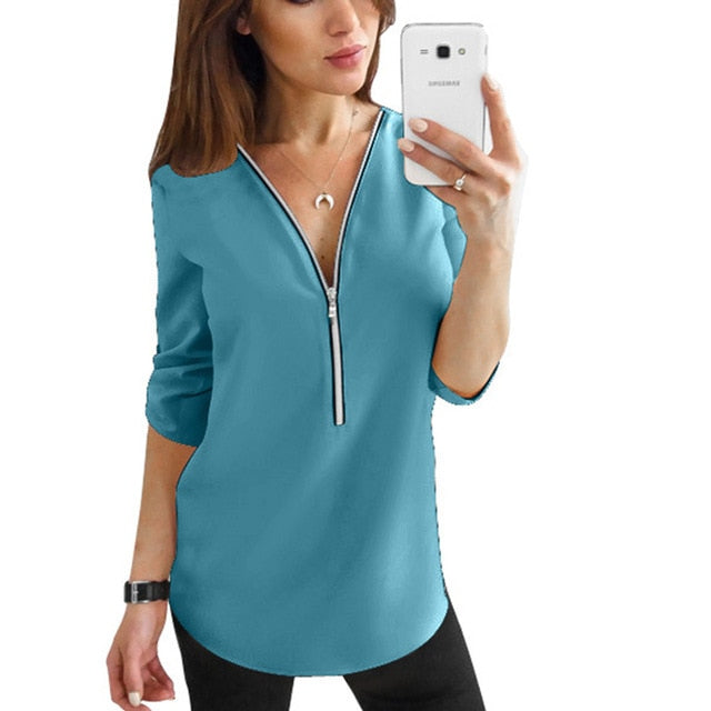2019 Summer V Neck Zipper Roll Up Long Sleeves Loose Shirt Women Spring Summer Chiffon Blouse Top Blusa Feminina Plus Size 5XL
