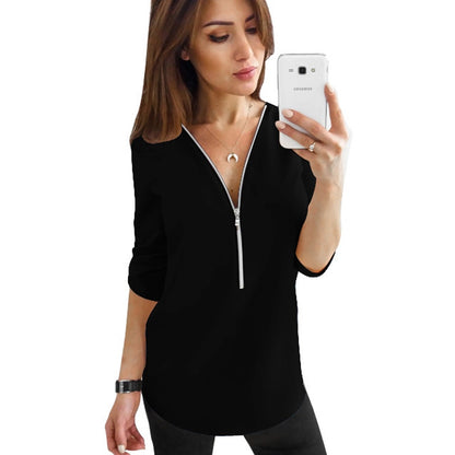 2019 Summer V Neck Zipper Roll Up Long Sleeves Loose Shirt Women Spring Summer Chiffon Blouse Top Blusa Feminina Plus Size 5XL