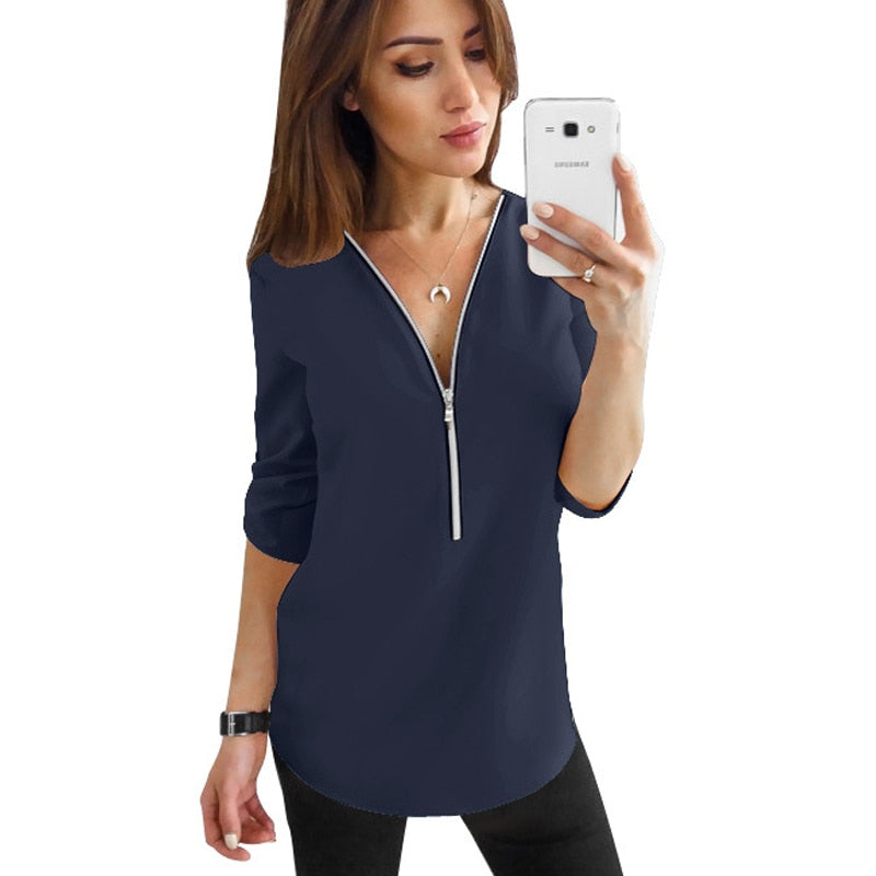 2019 Summer V Neck Zipper Roll Up Long Sleeves Loose Shirt Women Spring Summer Chiffon Blouse Top Blusa Feminina Plus Size 5XL