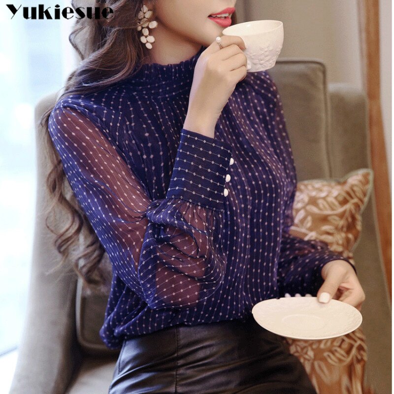 2019 Women's Lace Chiffon Blouse Women Shirt Long Sleeve Top Ladies Plus Size