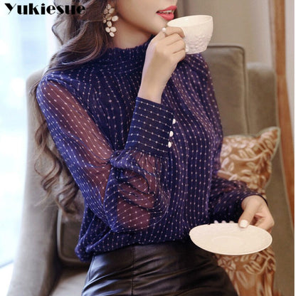 2019 Women's Lace Chiffon Blouse Women Shirt Long Sleeve Top Ladies Plus Size