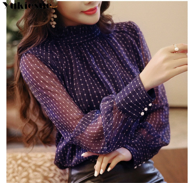 2019 Women's Lace Chiffon Blouse Women Shirt Long Sleeve Top Ladies Plus Size