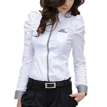 Charger l&#39;image dans la galerie, 2020 Fashion Women Office White Blouse Lady Formal Button Down Shirt Full Puff Sleeve Shirt Tops Little Pockets Business Blouse
