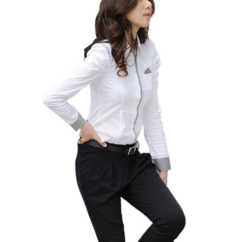 2020 Fashion Women Office White Blouse Lady Formal Button Down Shirt Full Puff Sleeve Shirt Tops Little Pockets Business Blouse