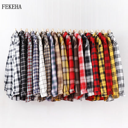 2020 Women's Plaid Shirt Chic Checked Blouse Long Sleeve Female Casual Print Shirts Loose Cotton Tops