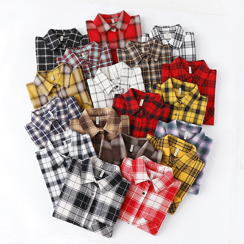 2020 Women's Plaid Shirt Chic Checked Blouse Long Sleeve Female Casual Print Shirts Loose Cotton Tops